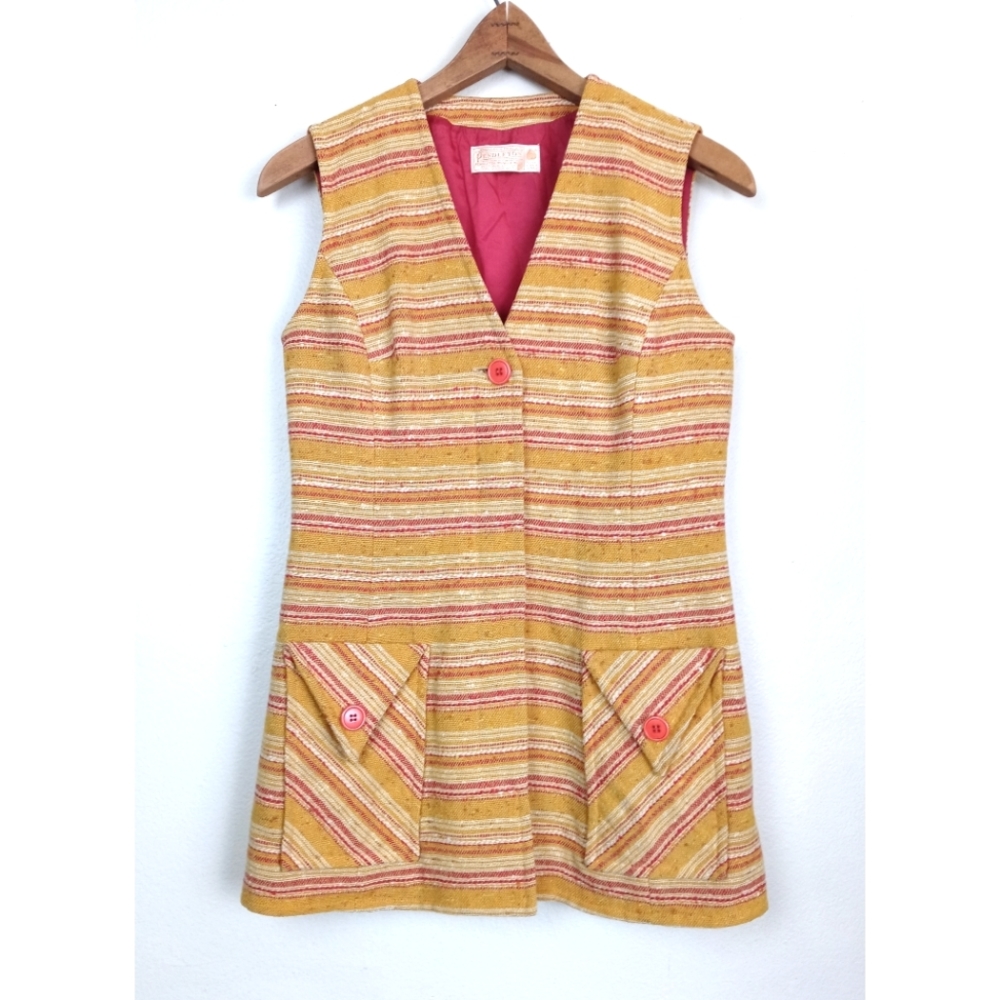 Vintage 70s Pendleton Long Vest Button Front Top Retro Golden Stripes Size 10